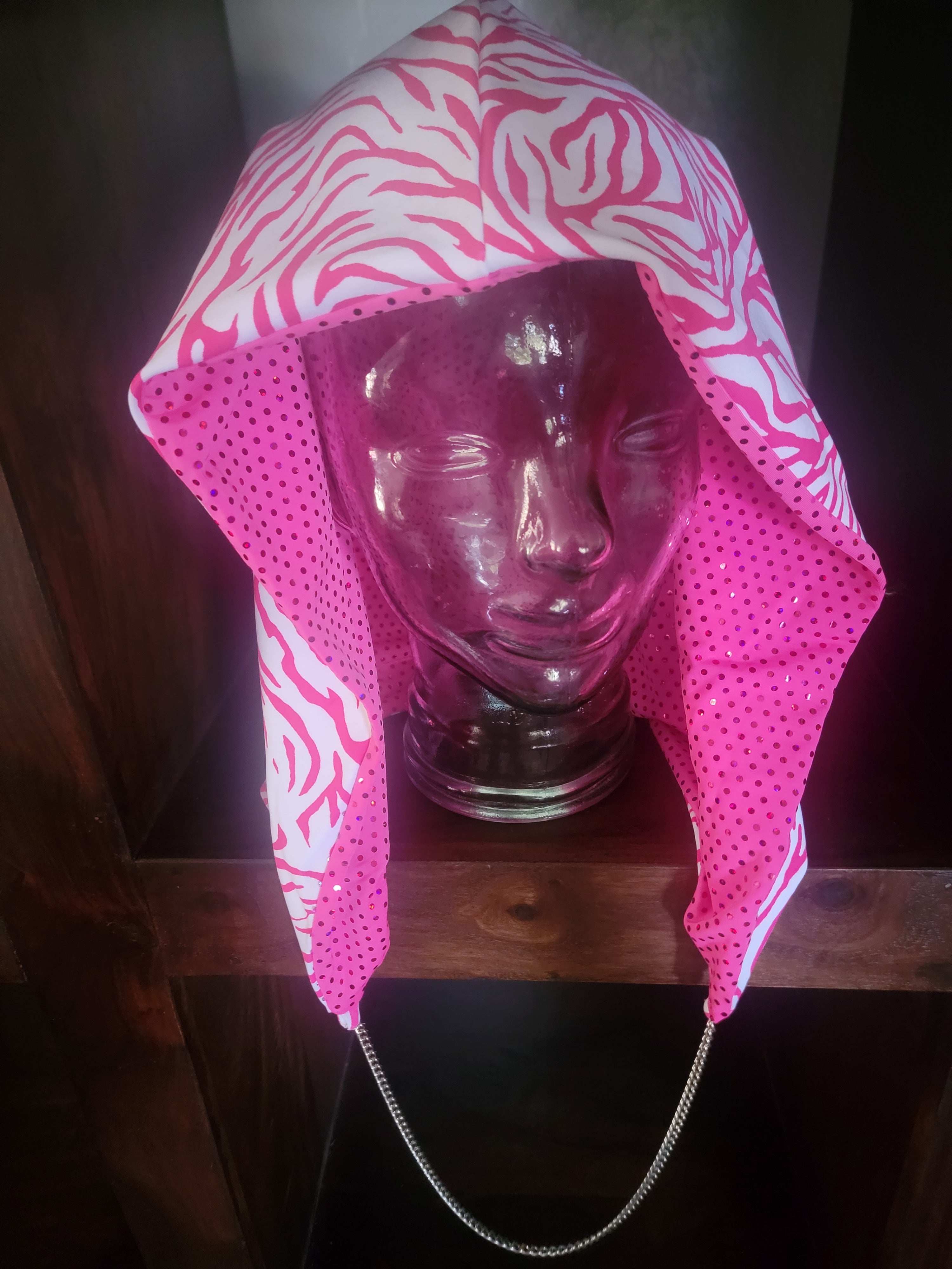 Lightweight Hood - Hot Pink Zebra/Polka Dot Mesh | Silver Chain