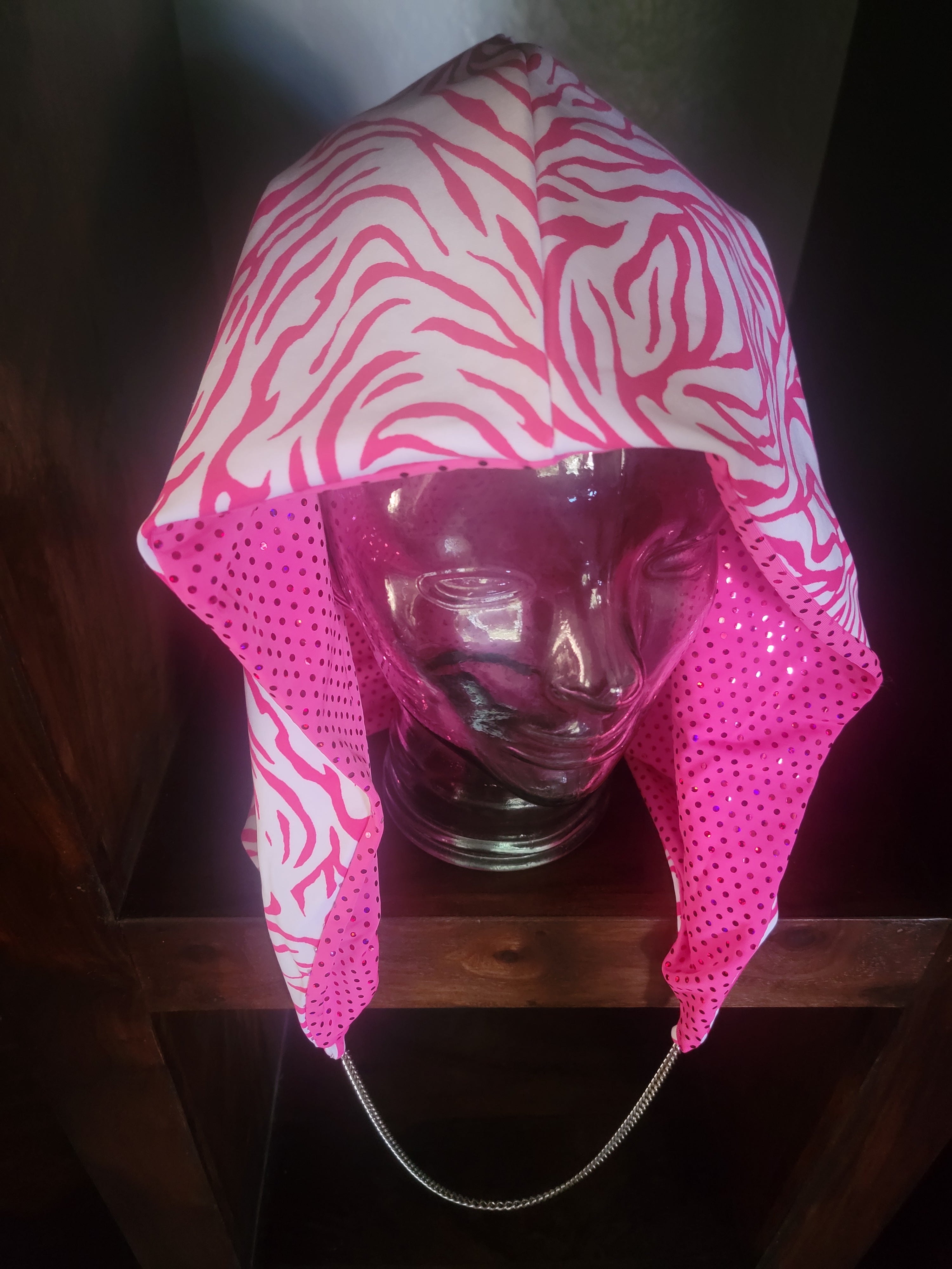 Lightweight Hood - Hot Pink Zebra/Polka Dot Mesh | Silver Chain