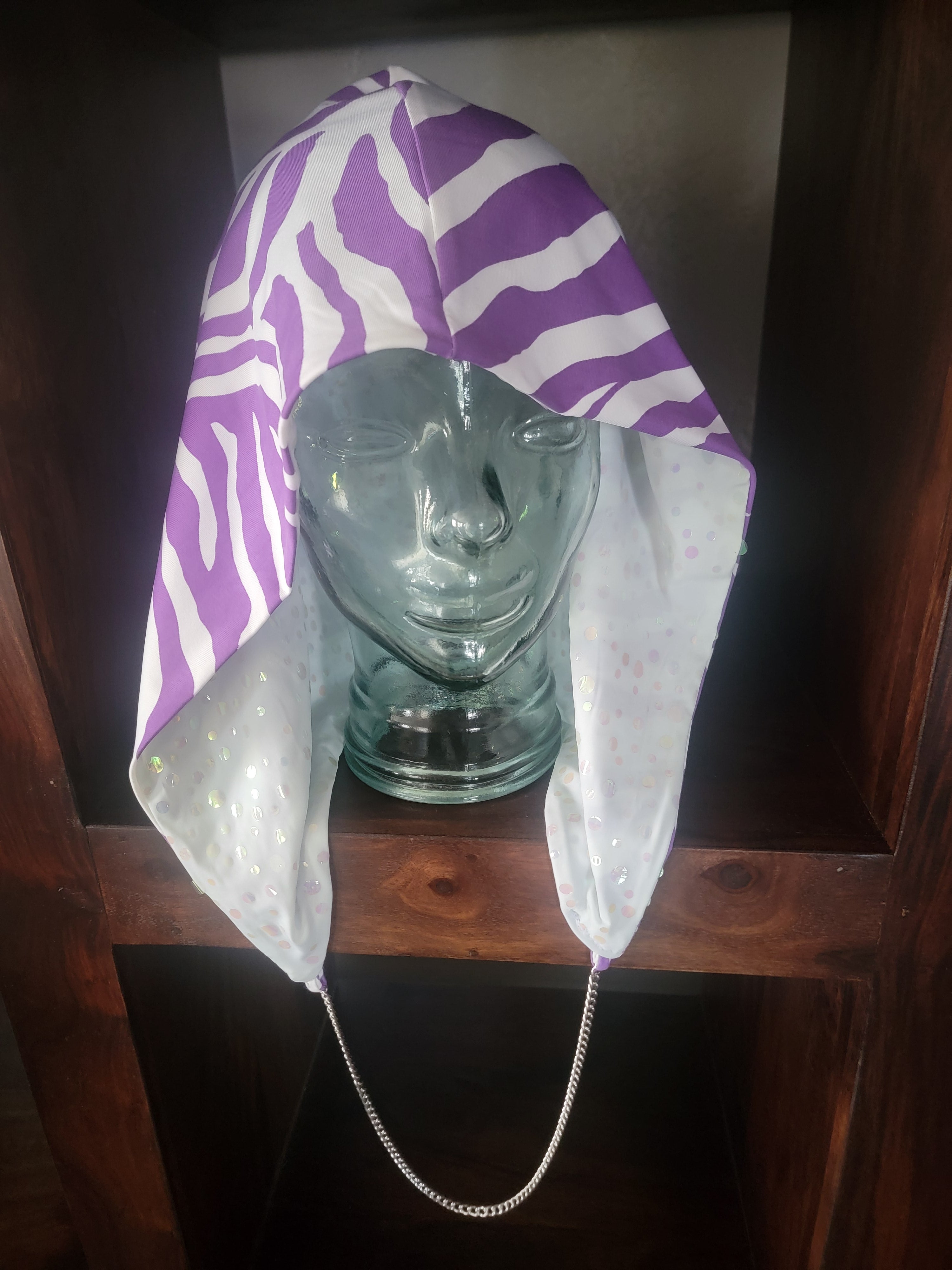 Lightweight Hood - Iridescent Sequin Polka Dot/Purple Zebra | Silver Chain