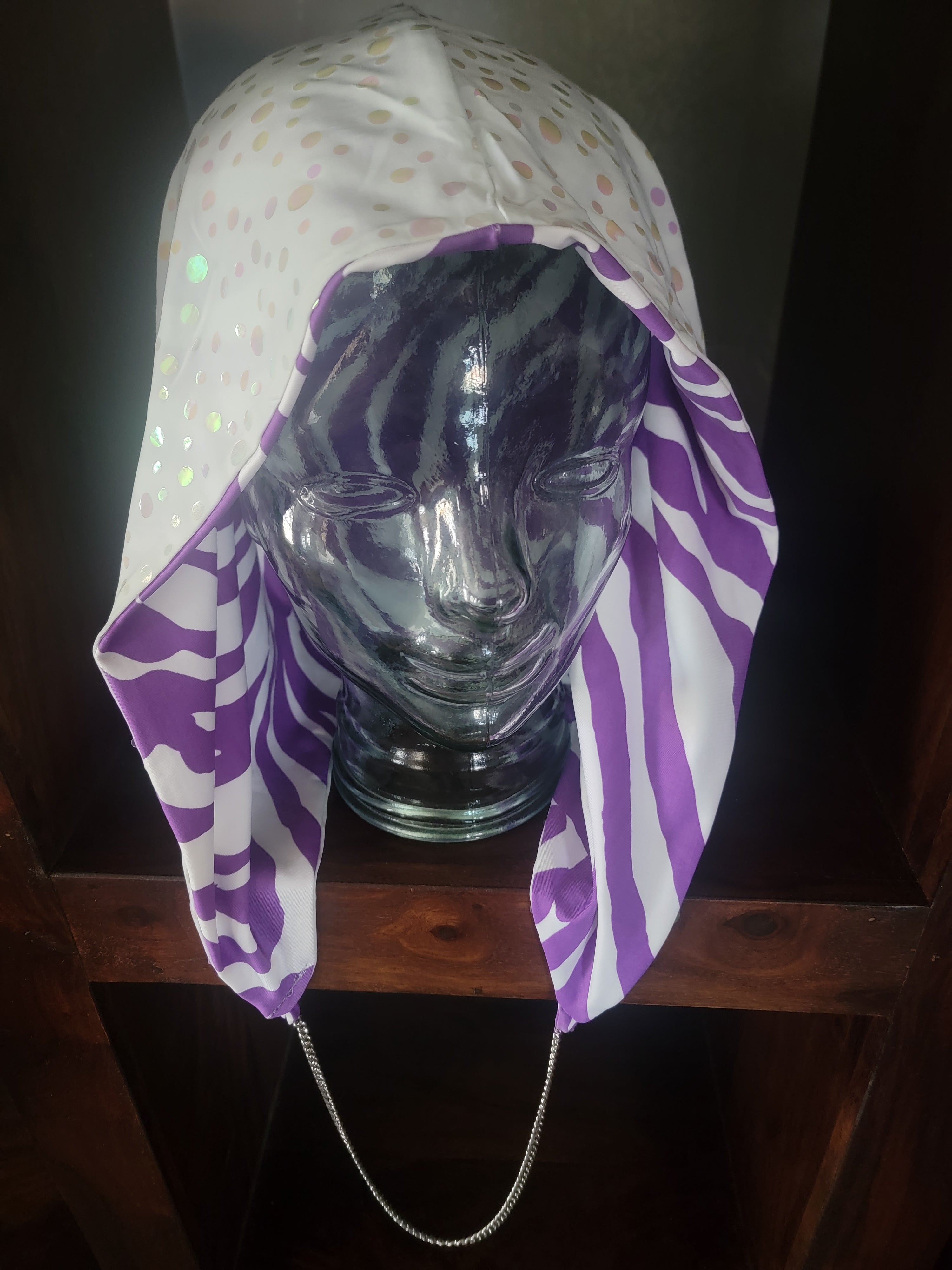 Lightweight Hood - Iridescent Sequin Polka Dot/Purple Zebra | Silver Chain