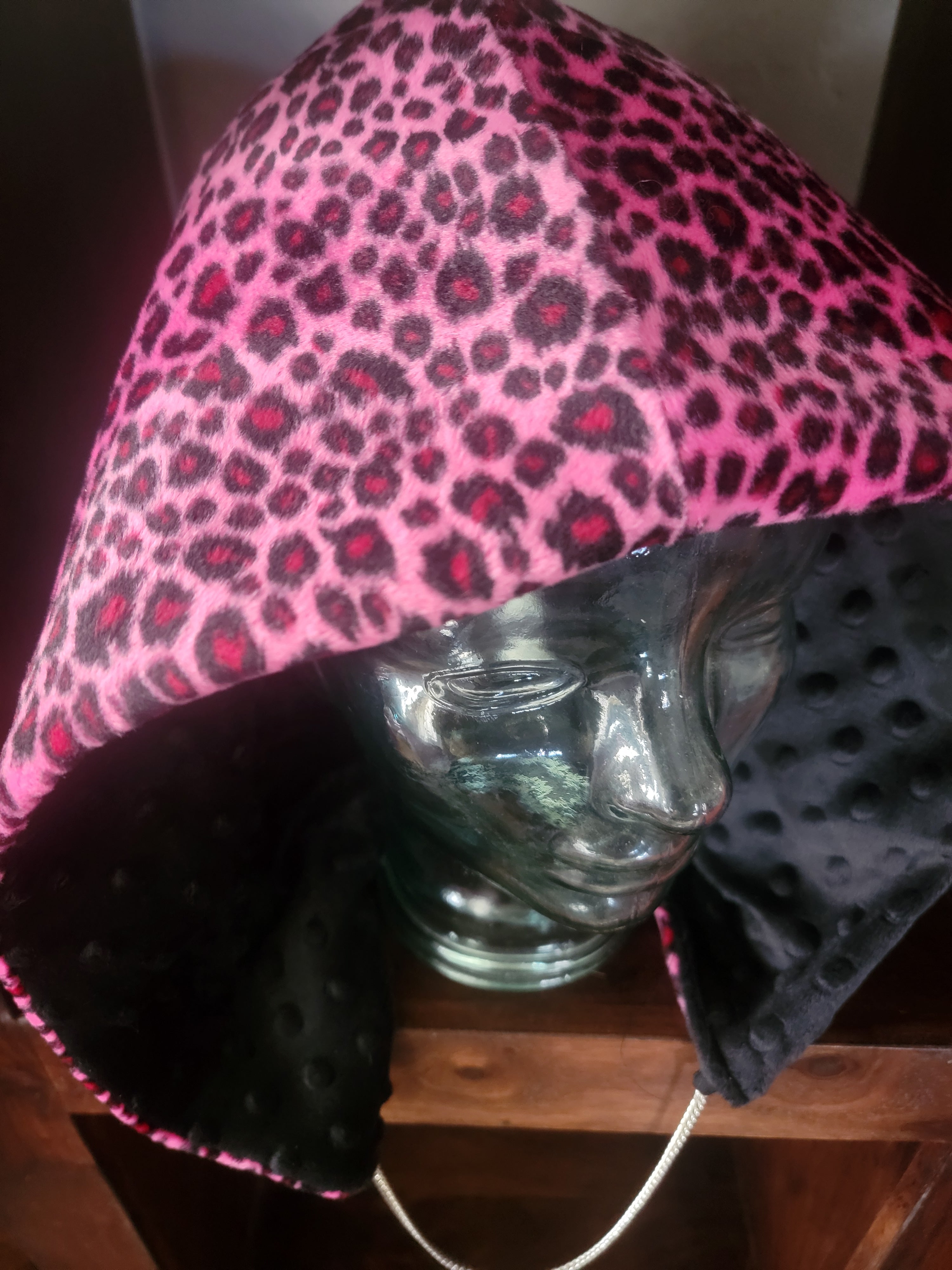 Medium weight Hood - Hot Pink Leopard/Gray Minky | Medium Weight for Cooler Weather